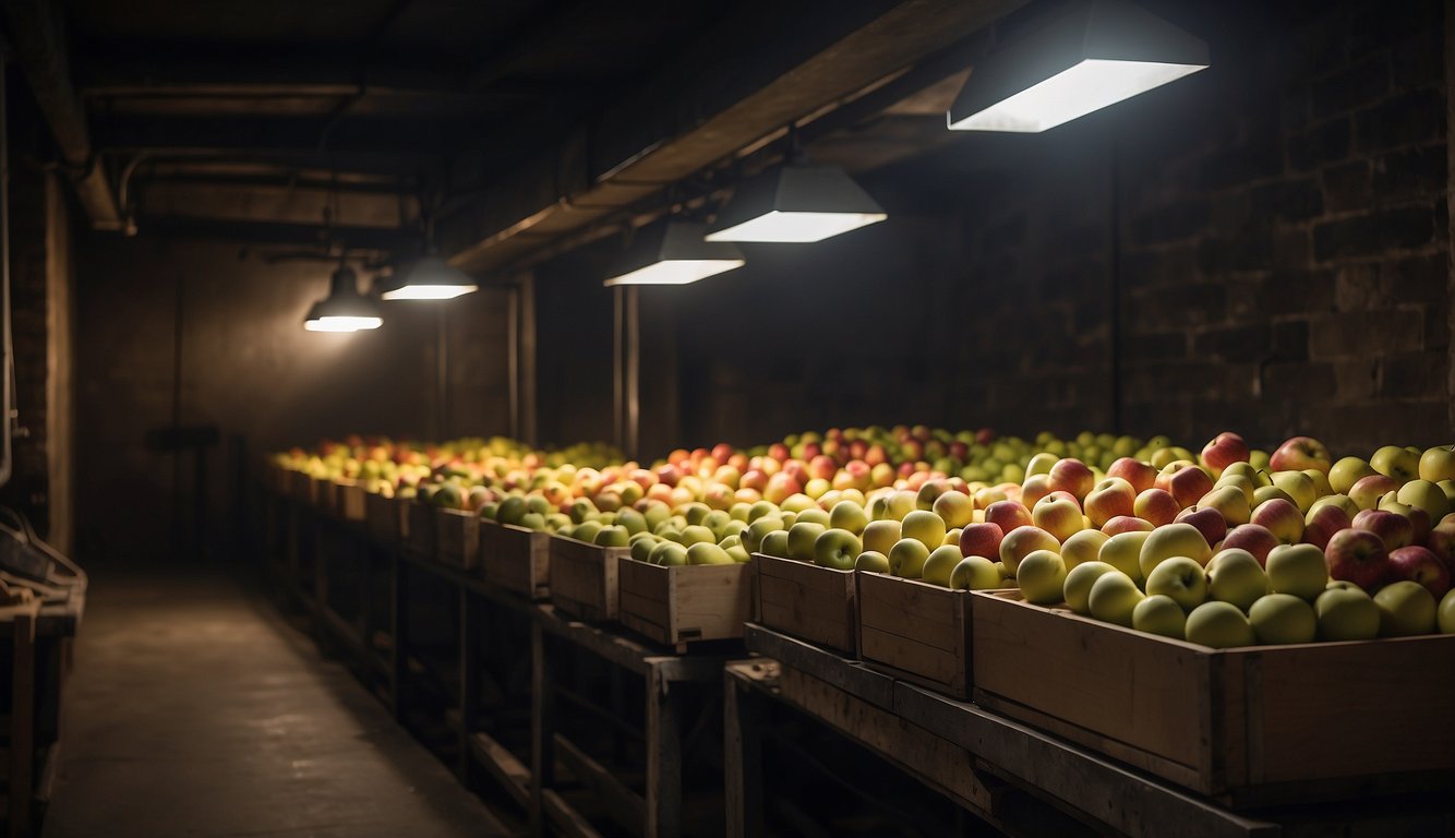 Apples stored in a cool, dark cellar with proper ventilation and humidity control to prevent spoilage