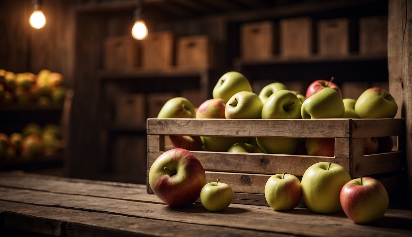 A wooden crate filled with fresh apples, labeled "Frequently Asked Questions storage," sits in a cool, dimly lit cellar