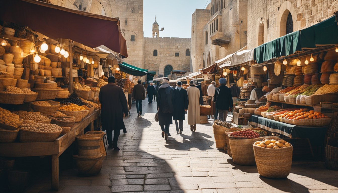 A bustling marketplace in Jerusalem's Old City, with colorful stalls selling traditional goods and religious artifacts. The ancient stone walls and narrow alleyways create a sense of history and cultural richness