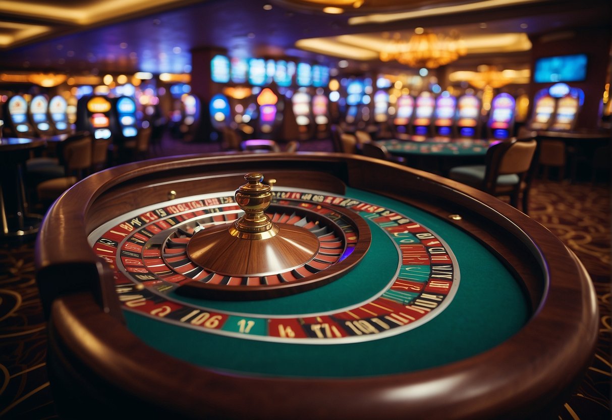 A vibrant casino setting with a lucky creek theme, featuring colorful slot machines, a roulette table, and a poker game in progress