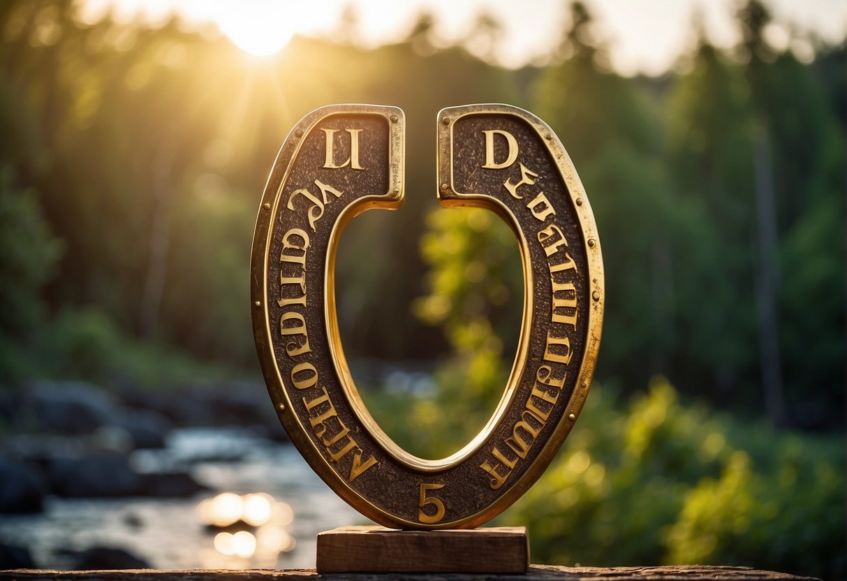 A golden horseshoe sits atop a rustic wooden sign, surrounded by lush greenery and a flowing creek. The number "75" glimmers in the sunlight, hinting at the exciting no deposit bonus awaiting lucky players