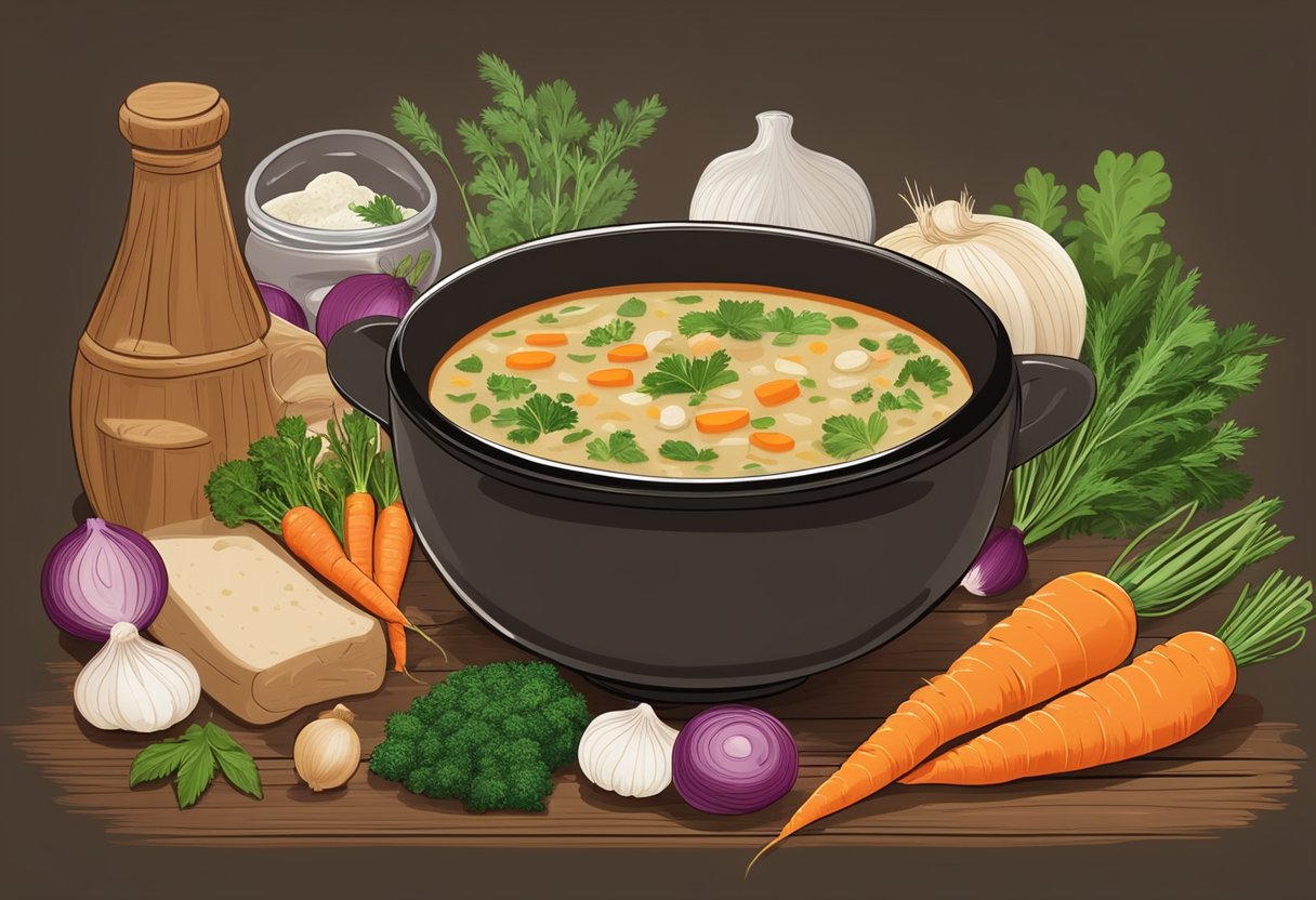 A steaming bowl of Soup Essentials soup sits on a rustic wooden table, surrounded by fresh ingredients like carrots, onions, and herbs