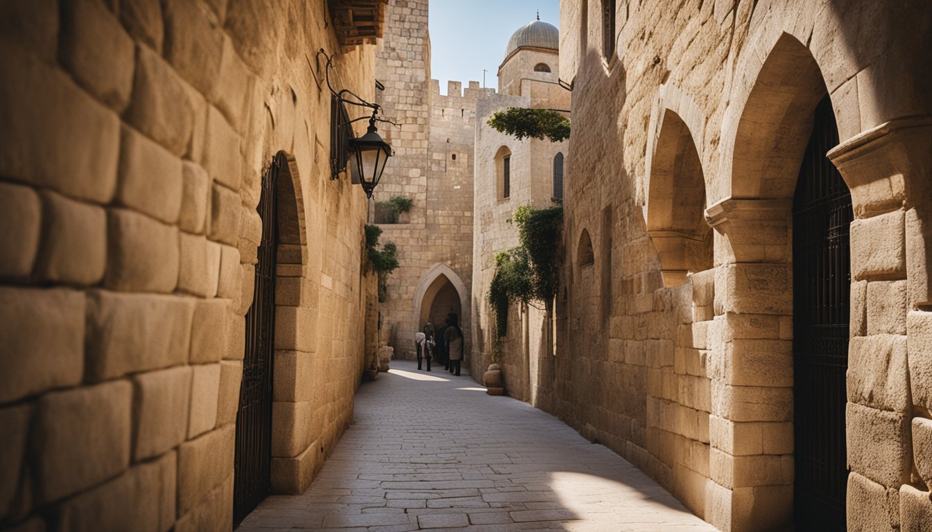 The ancient stone walls of Jerusalem's Old City rise majestically, with intricate carvings and arched doorways, surrounded by bustling markets and narrow cobblestone streets