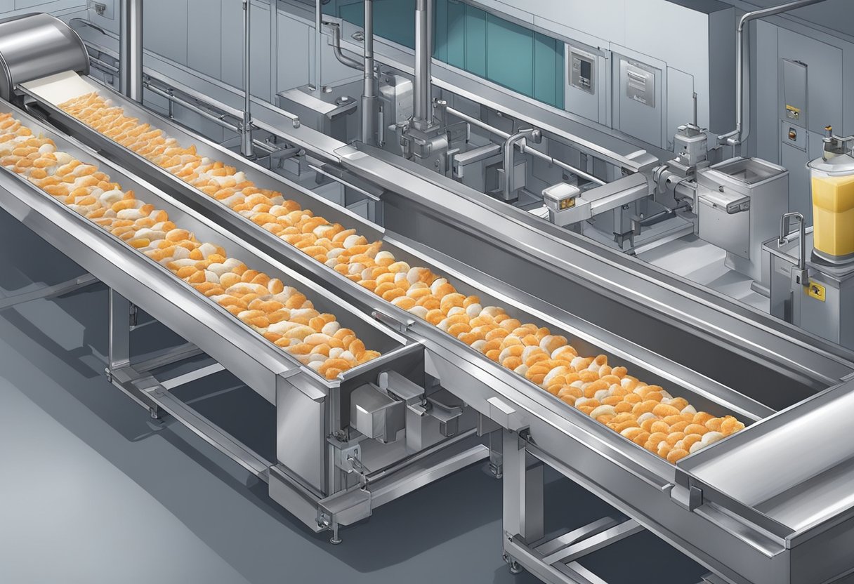A conveyor belt transports fish and seafood into a processing machine. Ingredients like starch, sugar, and egg whites are mixed in