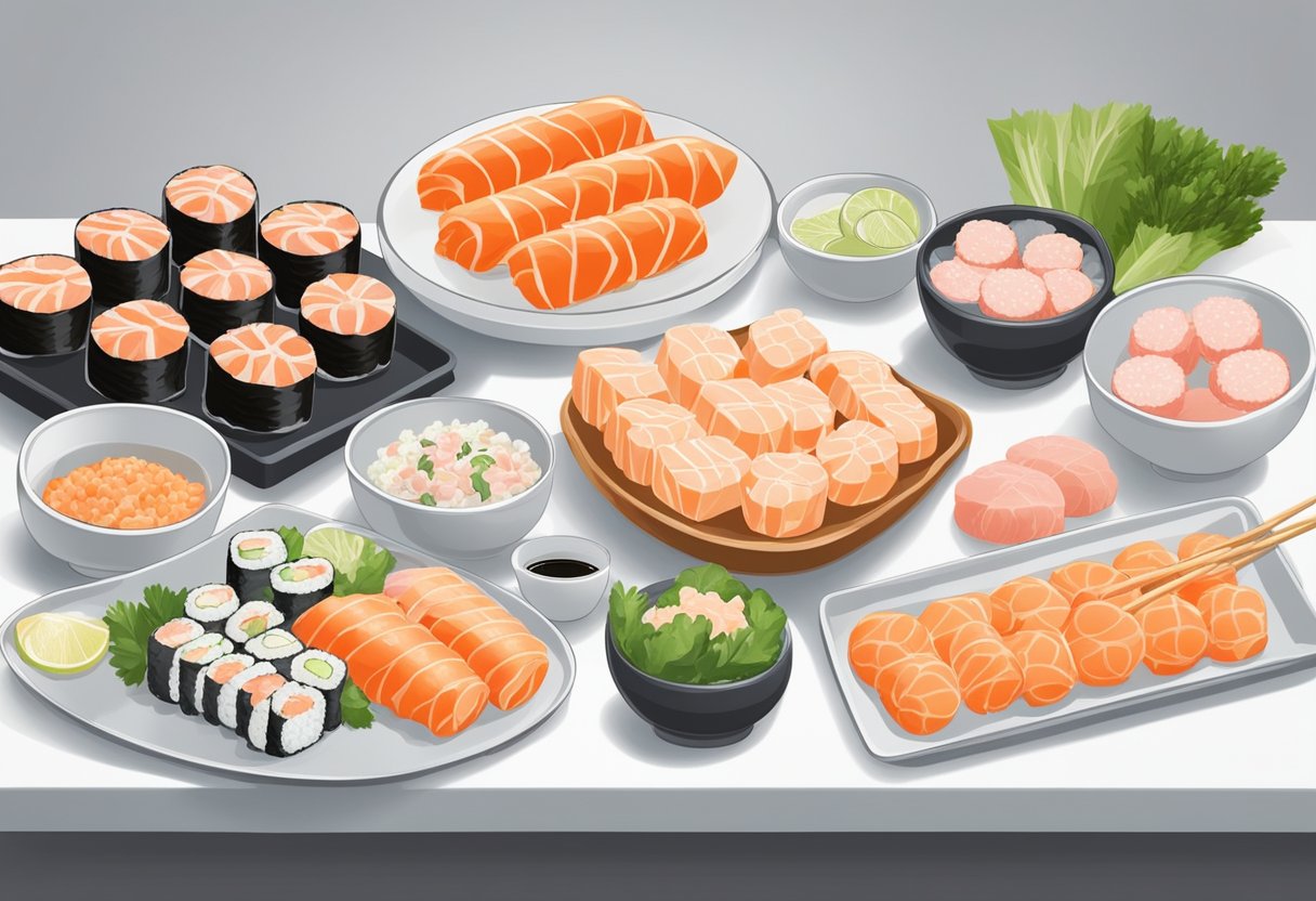 Various surimi-based products displayed on a clean, white countertop. Sushi rolls, imitation crab sticks, and fish cakes arranged neatly for consumption