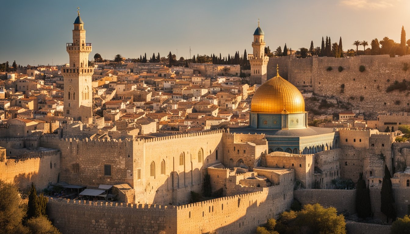 The ancient walls of Jerusalem's Old City stand tall, surrounded by bustling markets and sacred sites. The golden glow of the sunset casts a warm light over the historic streets, inviting travelers to explore its rich historical significance