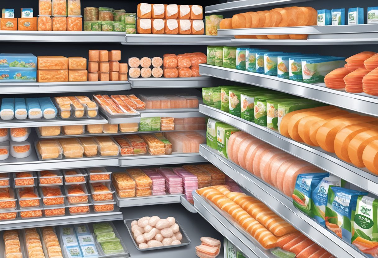 A variety of Surimi products displayed on shelves with clear labeling and packaging, surrounded by informative signage and promotional materials