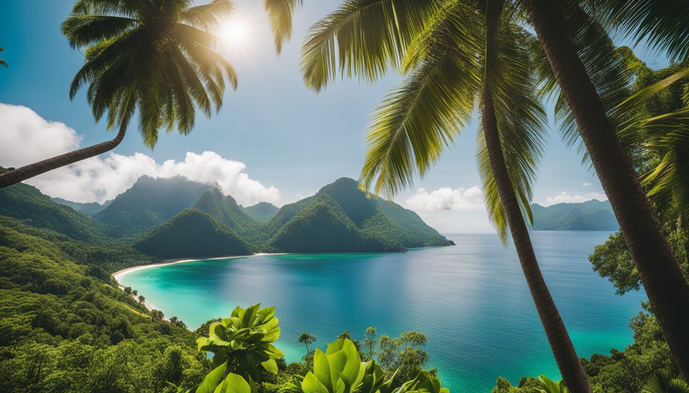 Lush green mountains meet crystal blue waters, surrounded by palm trees and colorful flora. The sun shines brightly over the tropical paradise of Sao Tome and Principe