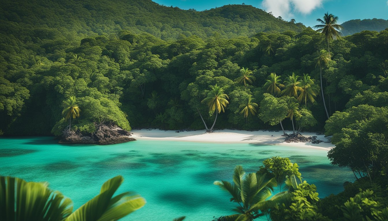 Lush rainforest meets turquoise waters, as colorful birds flit among the trees. The sound of crashing waves mingles with the calls of exotic wildlife. A serene, unspoiled island paradise awaits exploration