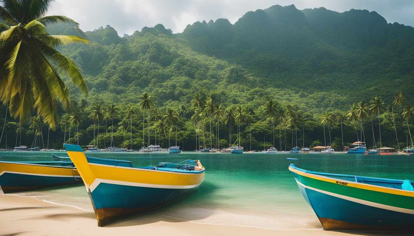 The lush green mountains of Sao Tome and Principe rise up from the crystal-clear waters of the Atlantic Ocean, surrounded by colorful fishing boats and palm-fringed beaches