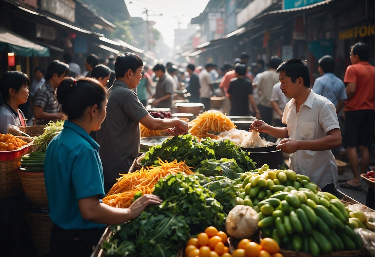 A bustling Vietnamese market with colorful stalls and busy shoppers. Vendors call out their wares while the scent of street food fills the air