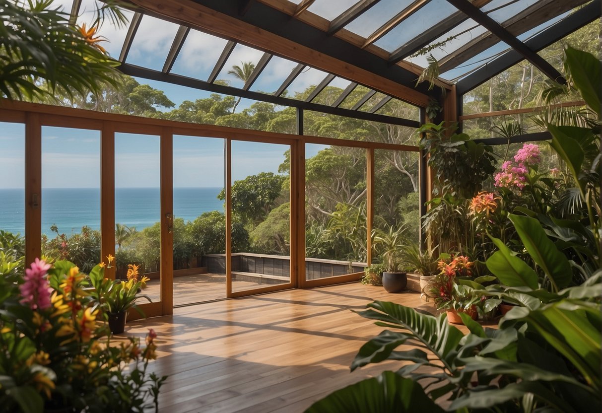 Lush jungle surrounds a tranquil yoga studio overlooking the ocean, with vibrant flowers and exotic wildlife adding to the serene atmosphere