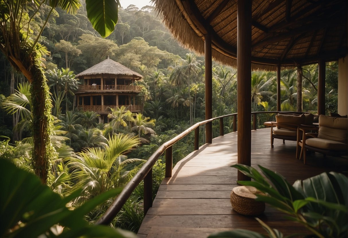 Lush green jungle surrounds a serene wellness retreat in Mexico, with rustic accommodations and yoga shalas nestled among the trees