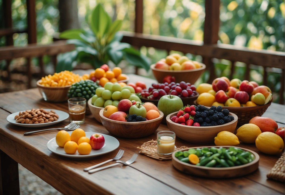 A table set with colorful, fresh fruits, vegetables, and whole grains, surrounded by lush greenery and vibrant flowers at a wellness retreat in Mexico