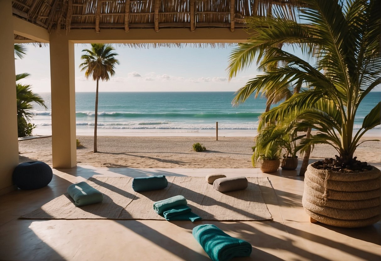 A peaceful beachfront wellness retreat in Mexico, with palm trees, yoga mats, and a serene ocean view