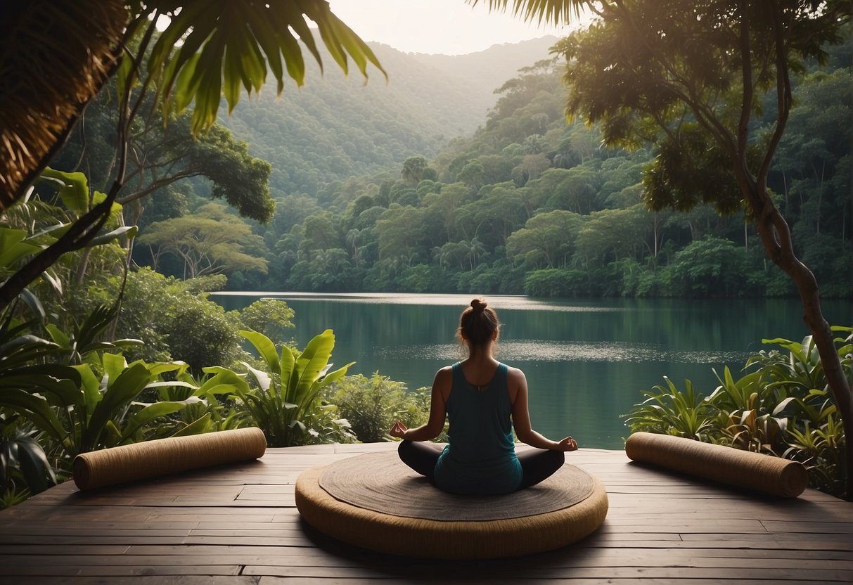 Lush jungle backdrop with a serene yoga platform overlooking a tranquil lake. Surrounding the area are traditional Mexican huts and vibrant flora