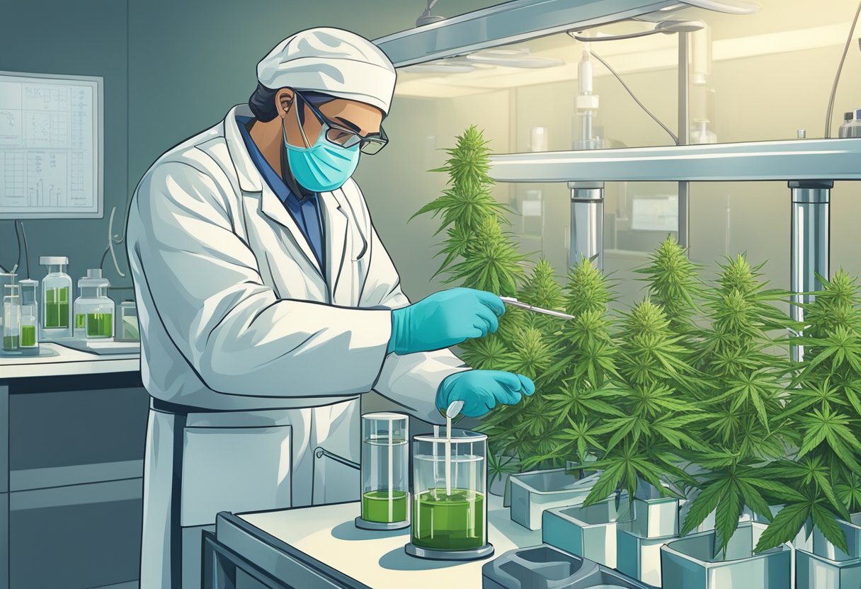 A doctor carefully measures and extracts THC from a cannabis plant using precise equipment in a sterile laboratory setting
