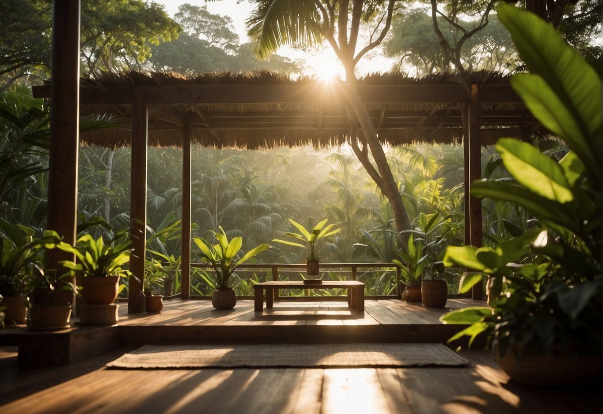 Lush green jungle surrounds a tranquil yoga shala, nestled in the heart of Mexico. A gentle breeze rustles the leaves as the sun sets, casting a warm glow over the serene space