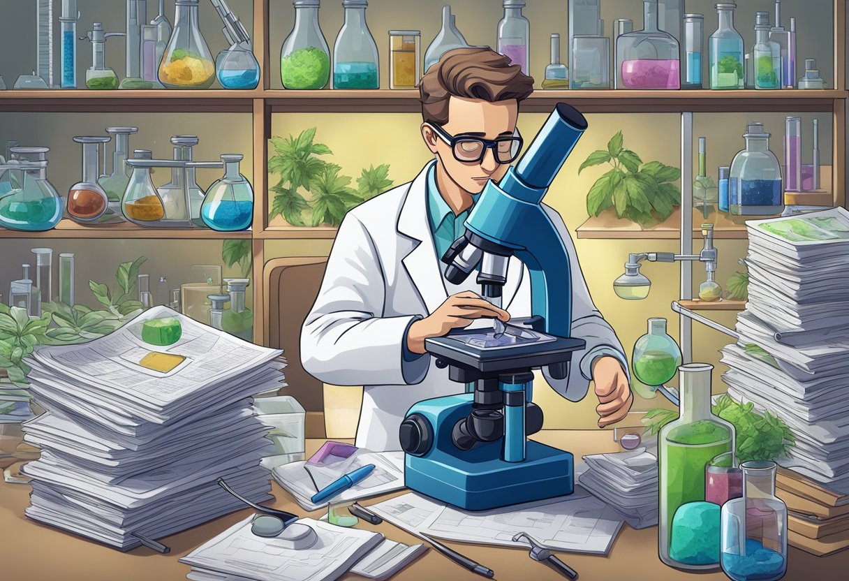 A scientist examines THC molecules under a microscope, surrounded by research papers and scientific equipment