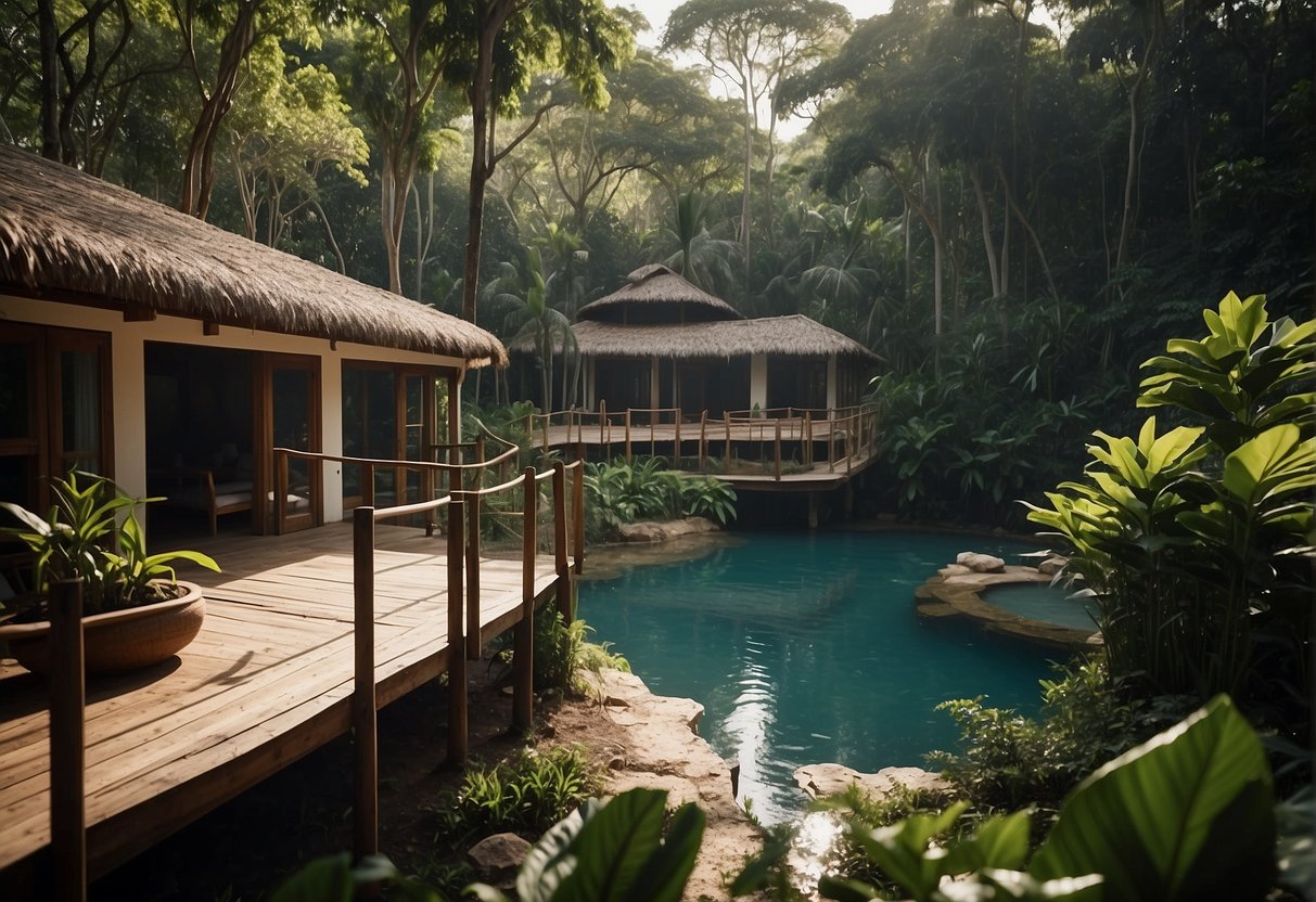 Lush jungle surrounds a tranquil retreat center in Mexico, with yoga shalas and meditation spaces nestled among the trees. The sound of flowing water from nearby cenotes adds to the serene atmosphere