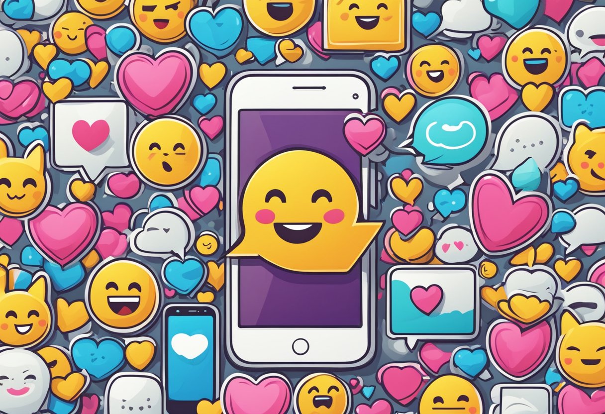 Um smartphone exibindo mensagens atraentes com emojis e texto em negrito, cercados por corações e balões de fala