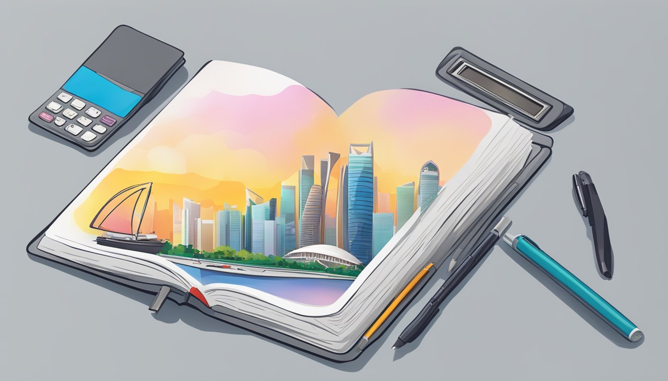 A professional guidebook sits open on a desk, with a pen and calculator nearby. The backdrop features the Singapore skyline