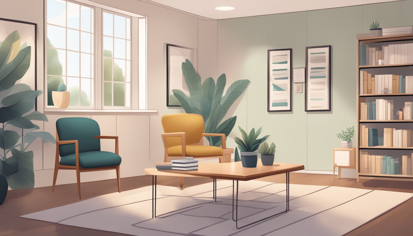 A serene office space with comfortable seating, soft lighting, and a calming color scheme. A bookshelf filled with resources and a peaceful atmosphere for counseling sessions