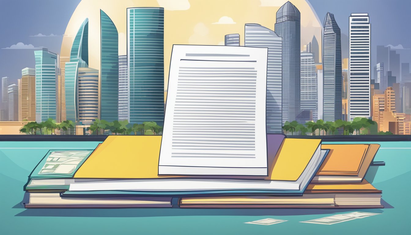 A stack of SIP investment documents and a skyline of Singapore in the background