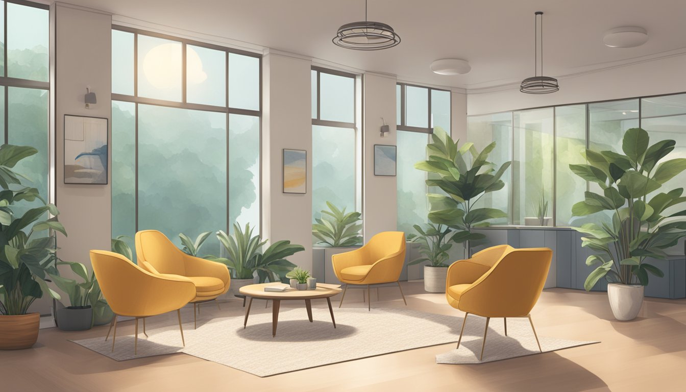 A serene office space with comfortable chairs and soft lighting, a sign on the wall reads "Counselling Services Offered Adullam Life Counselling Singapore."