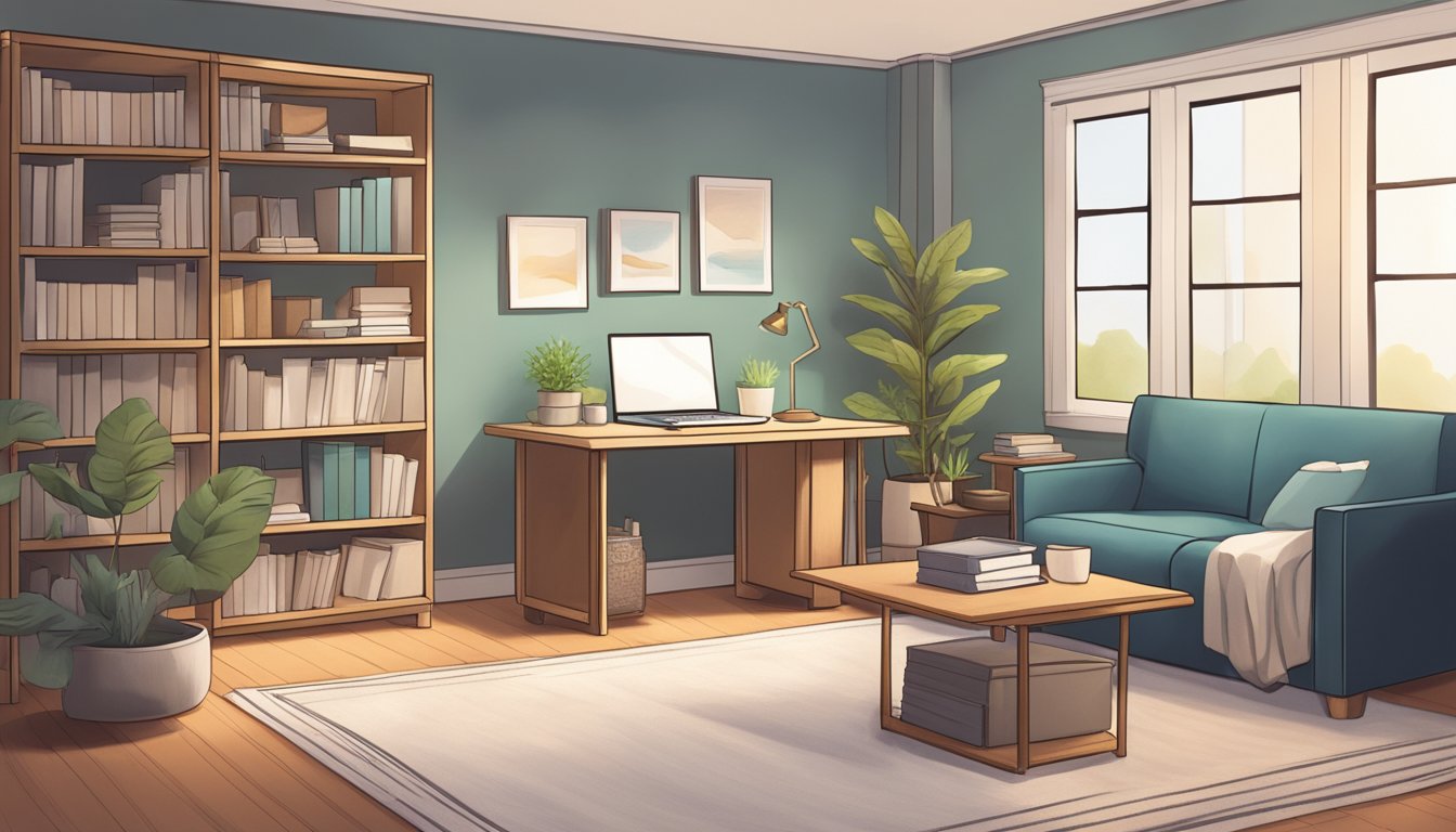 A serene office space with comfortable seating, soft lighting, and calming decor. A bookshelf filled with resources and a peaceful atmosphere for counseling