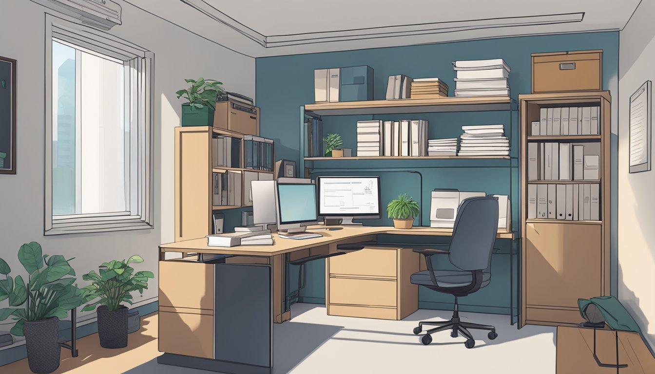 A serene office space with a desk, computer, and shelves of files. A sign on the wall reads "Regulatory Compliance Adullam Life Counselling Singapore."