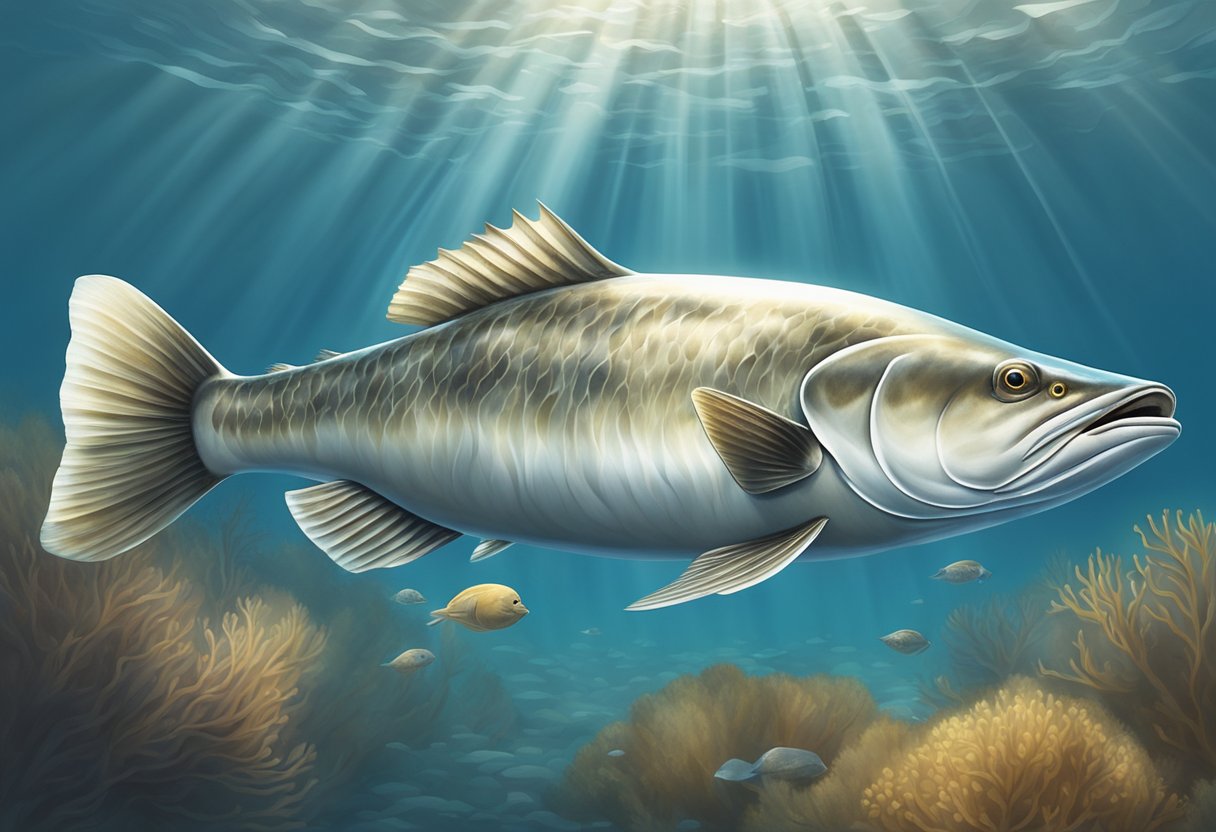 A halibut fish swims gracefully through the clear, sunlit waters, its sleek body glinting with shades of silver and brown