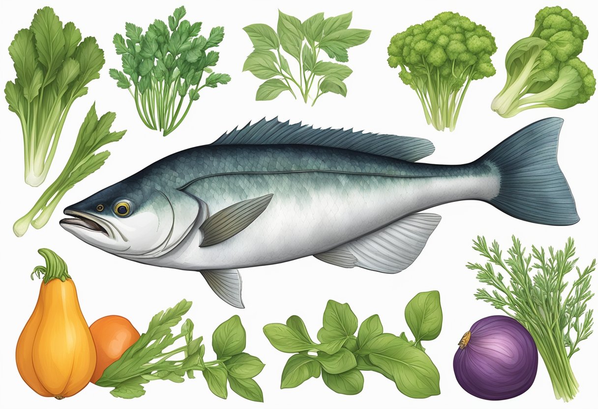 A halibut fish lies on a bed of fresh herbs and colorful vegetables, showcasing its culinary profile and health benefits