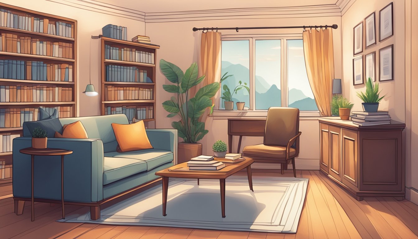 A serene office setting with a cozy couch and warm lighting. A bookshelf filled with self-help books and a peaceful atmosphere