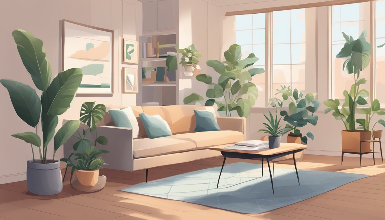 A serene office space with a cozy couch, soft lighting, and a calming color palette. A desk with a potted plant and a stack of books