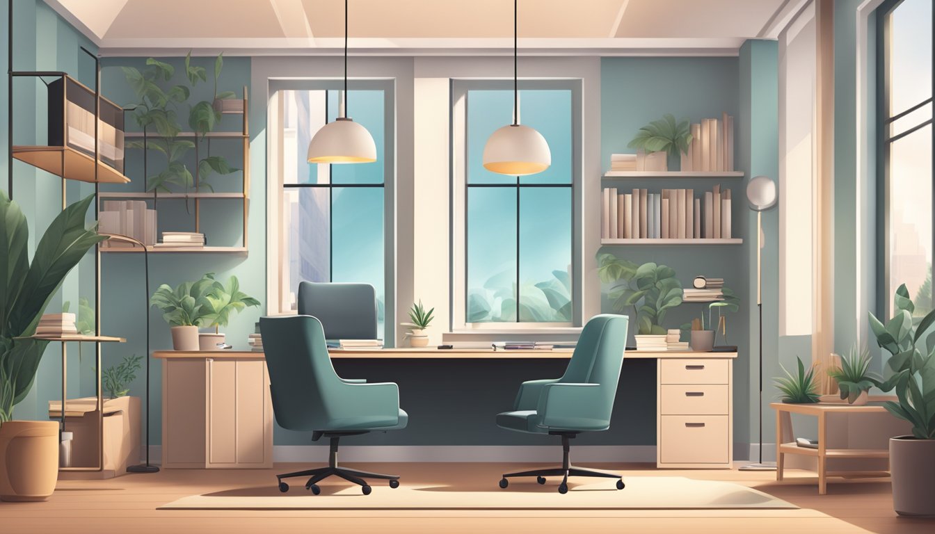 A serene office with a calming color scheme, comfortable seating, and soft lighting. A desk with financial resources and counseling materials