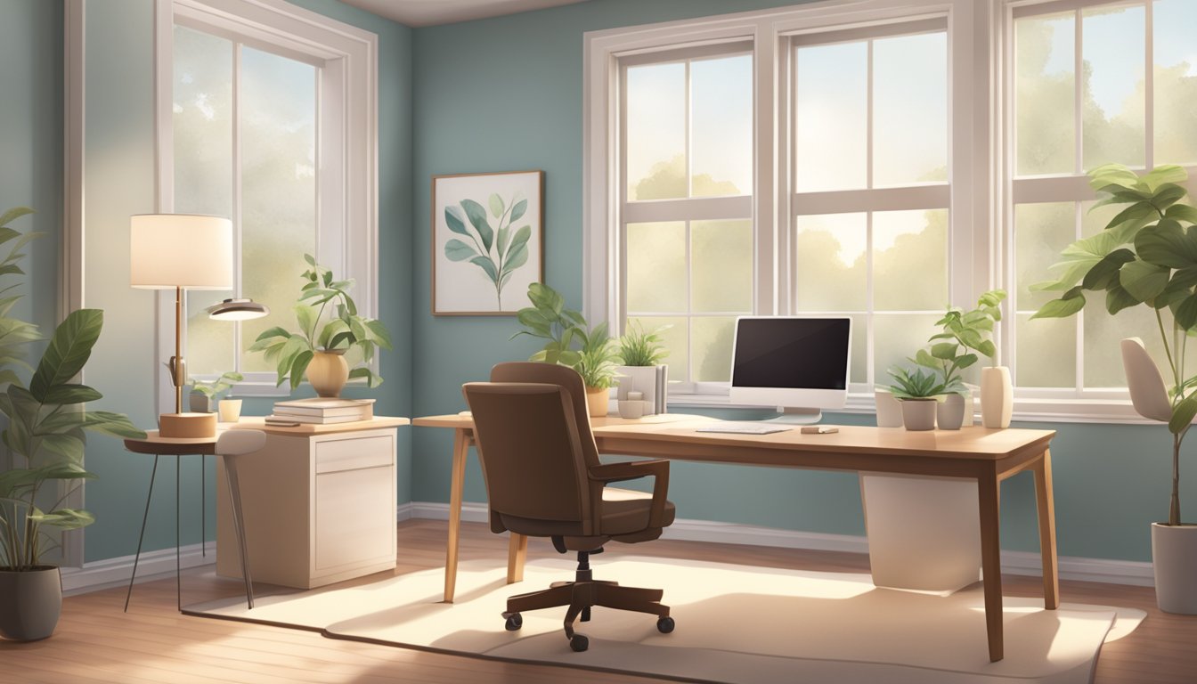 A serene office setting with a desk, computer, and comfortable chairs. Soft lighting and calming decor create a welcoming atmosphere for counseling and support