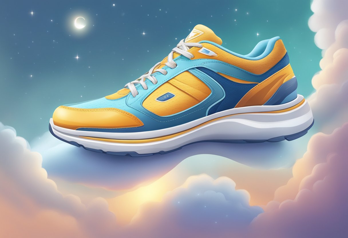 A pair of shoes with visible arch support, surrounded by clouds of comfort and a radiant glow of well-being