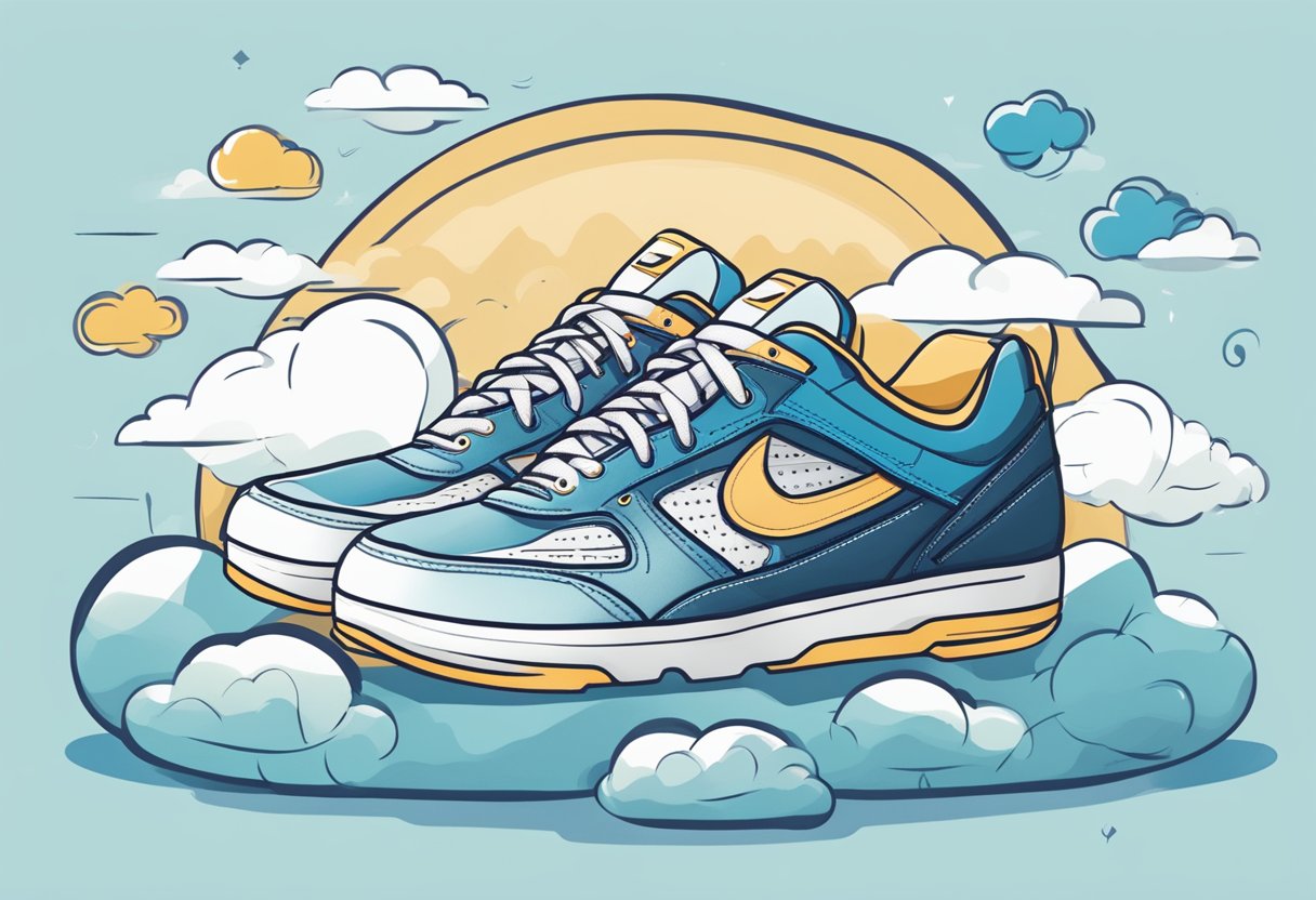 A pair of shoes with visible arch support, surrounded by symbols of comfort (pillows, clouds, etc.) to depict the benefits of choosing supportive footwear