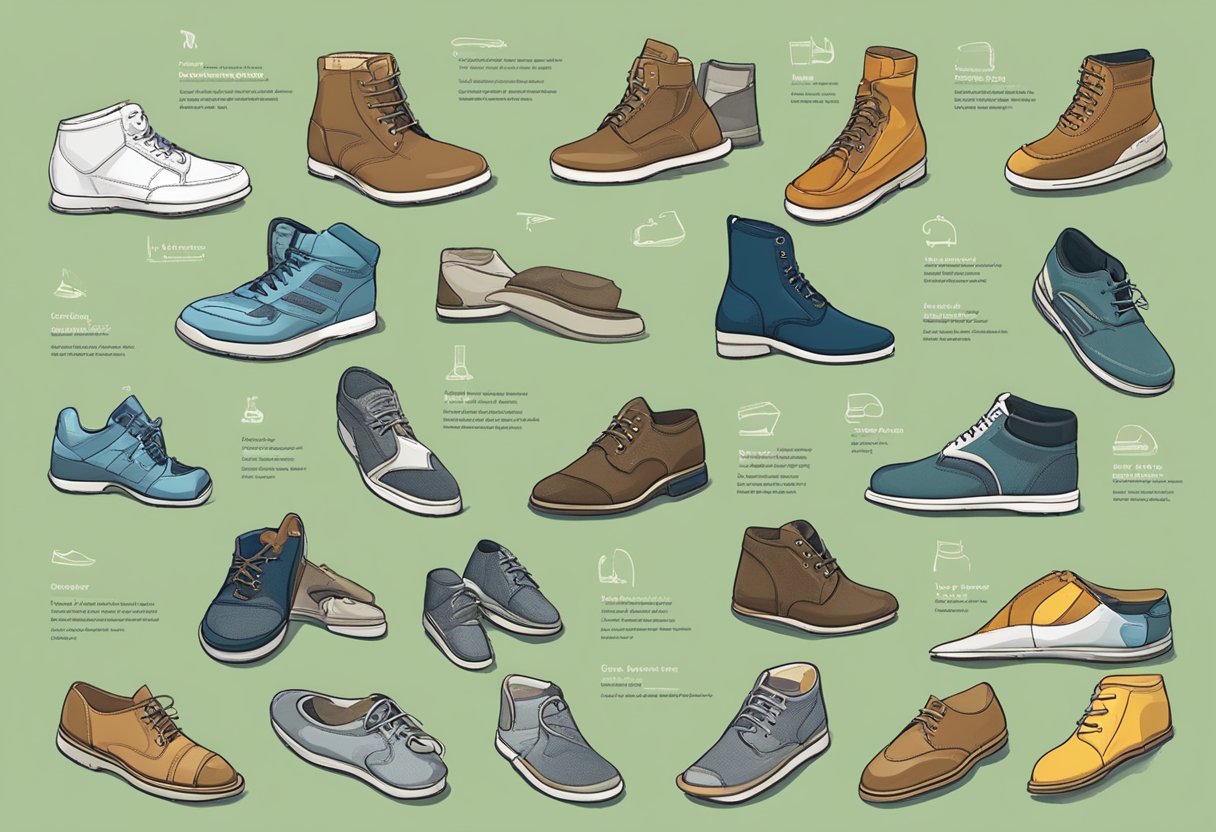 A variety of shoes in different shapes and sizes, with labels indicating foot types, surrounded by a chart or diagram explaining how to match the right shoe to each foot type