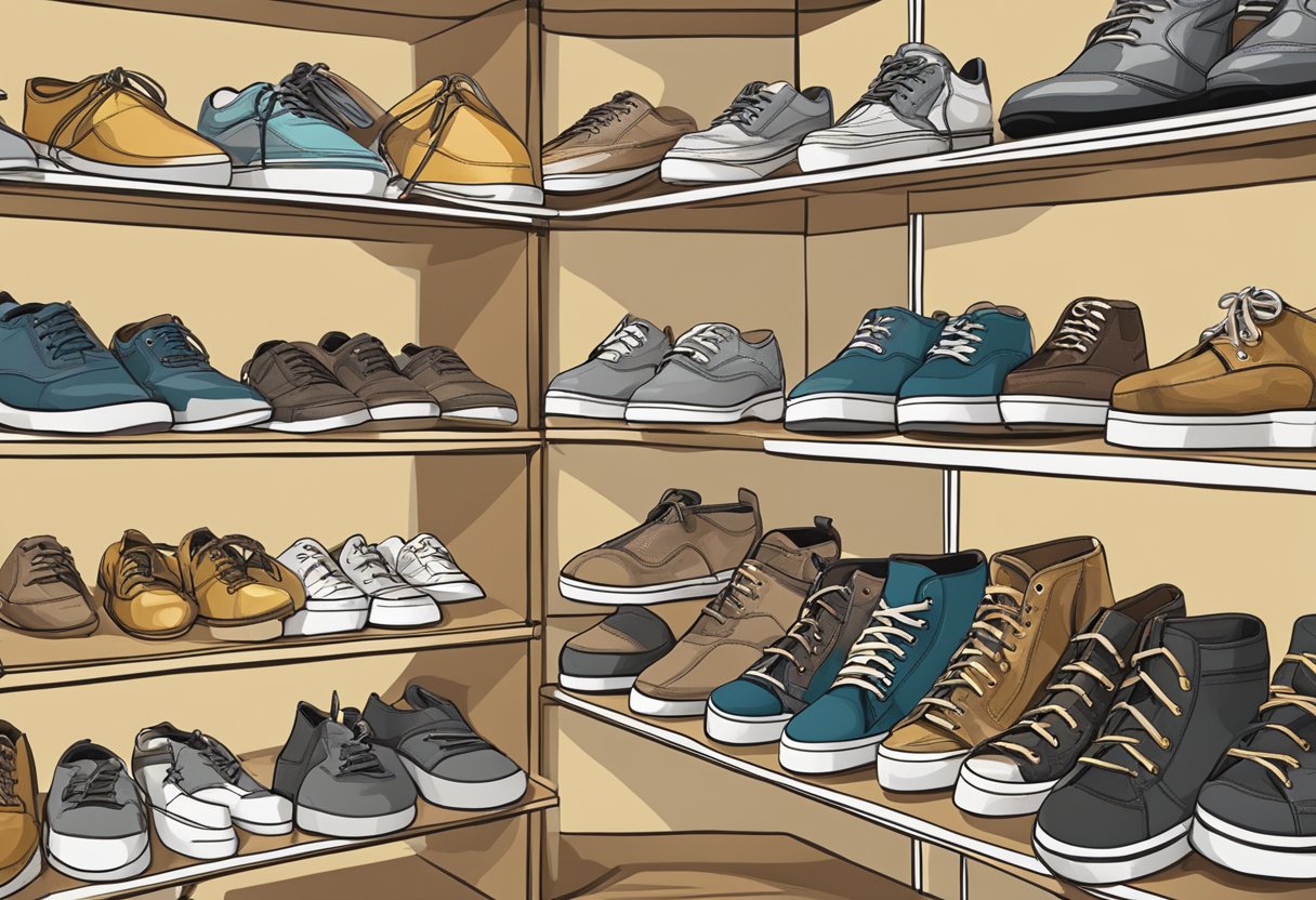 A variety of shoes in different styles and sizes displayed on shelves, with labels indicating foot type and shape compatibility
