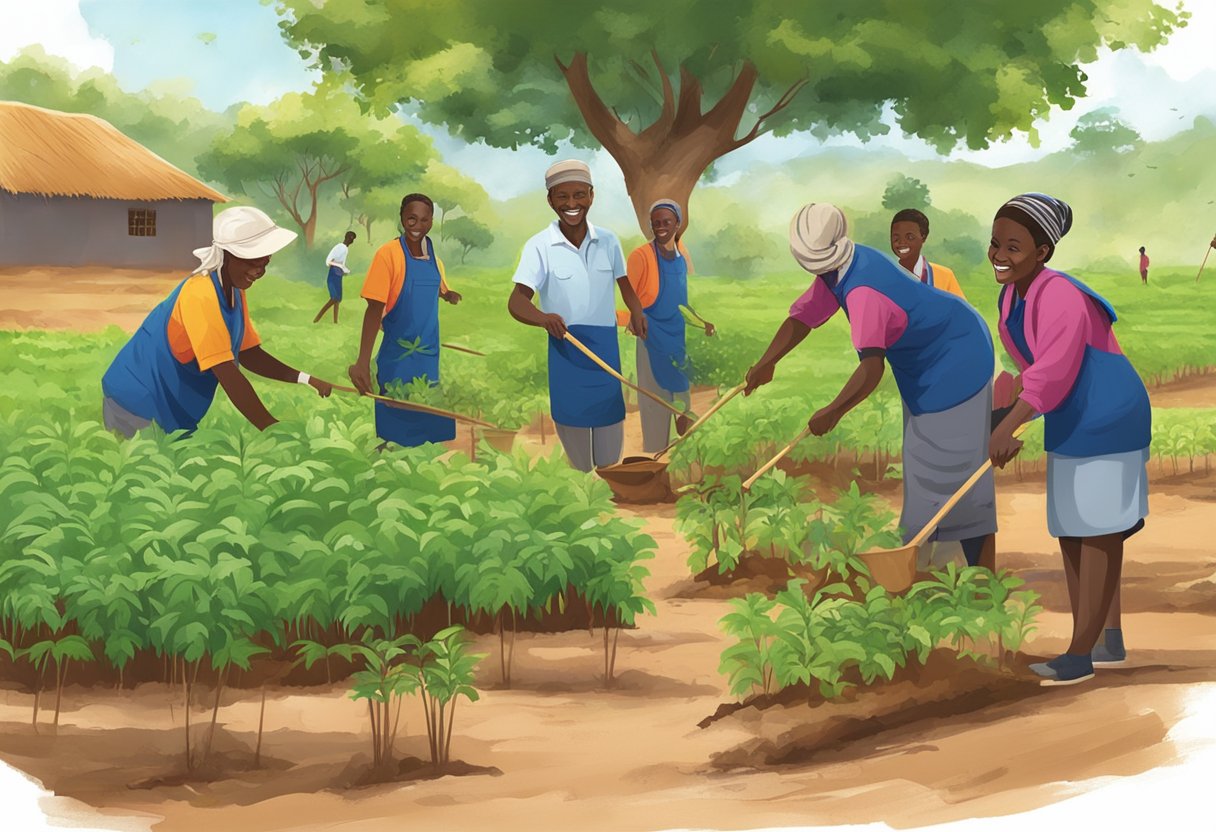 A group of volunteers planting trees in a rural village in Kenya, surrounded by lush greenery and smiling locals