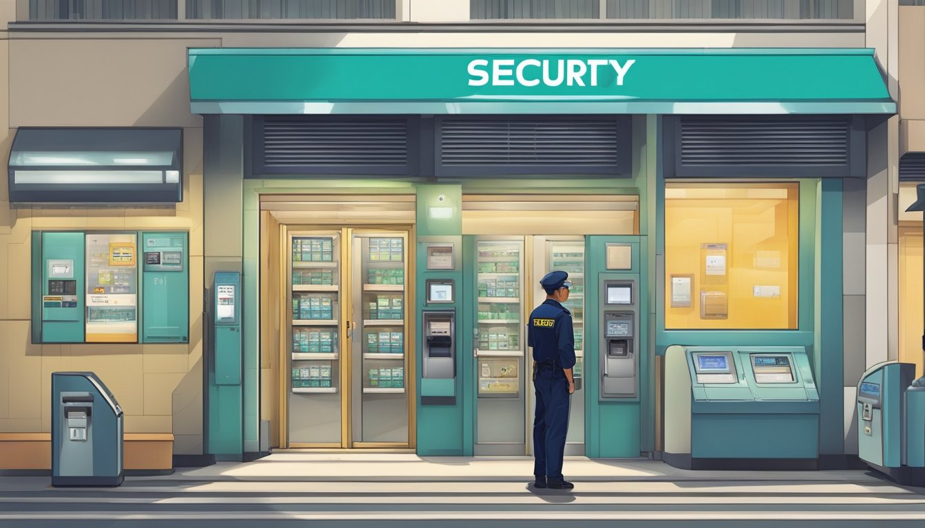 A security guard patrols outside a Bugis money changer in Singapore, with CCTV cameras and secure locks visible on the entrance