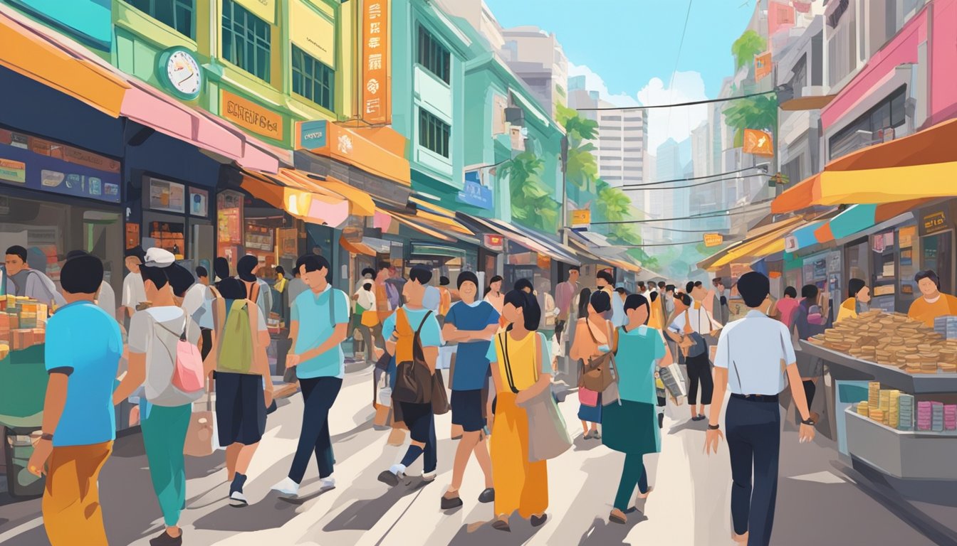A bustling street scene in Bugis, Singapore, with various money changers' storefronts and people walking by. The vibrant atmosphere and colorful signage create a lively and dynamic setting