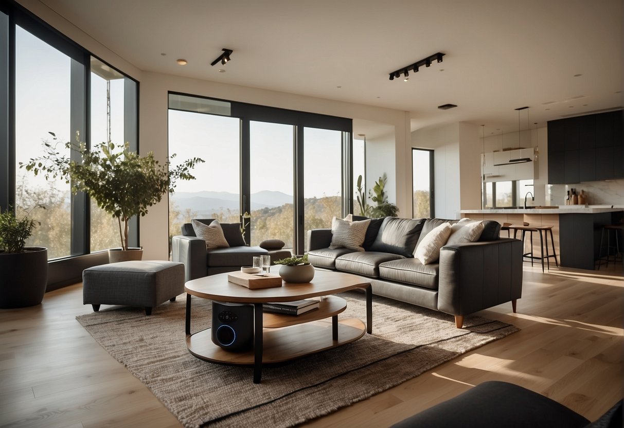 A modern living room with smart home gadgets: voice-controlled speaker, smart thermostat, security camera, and automated lighting