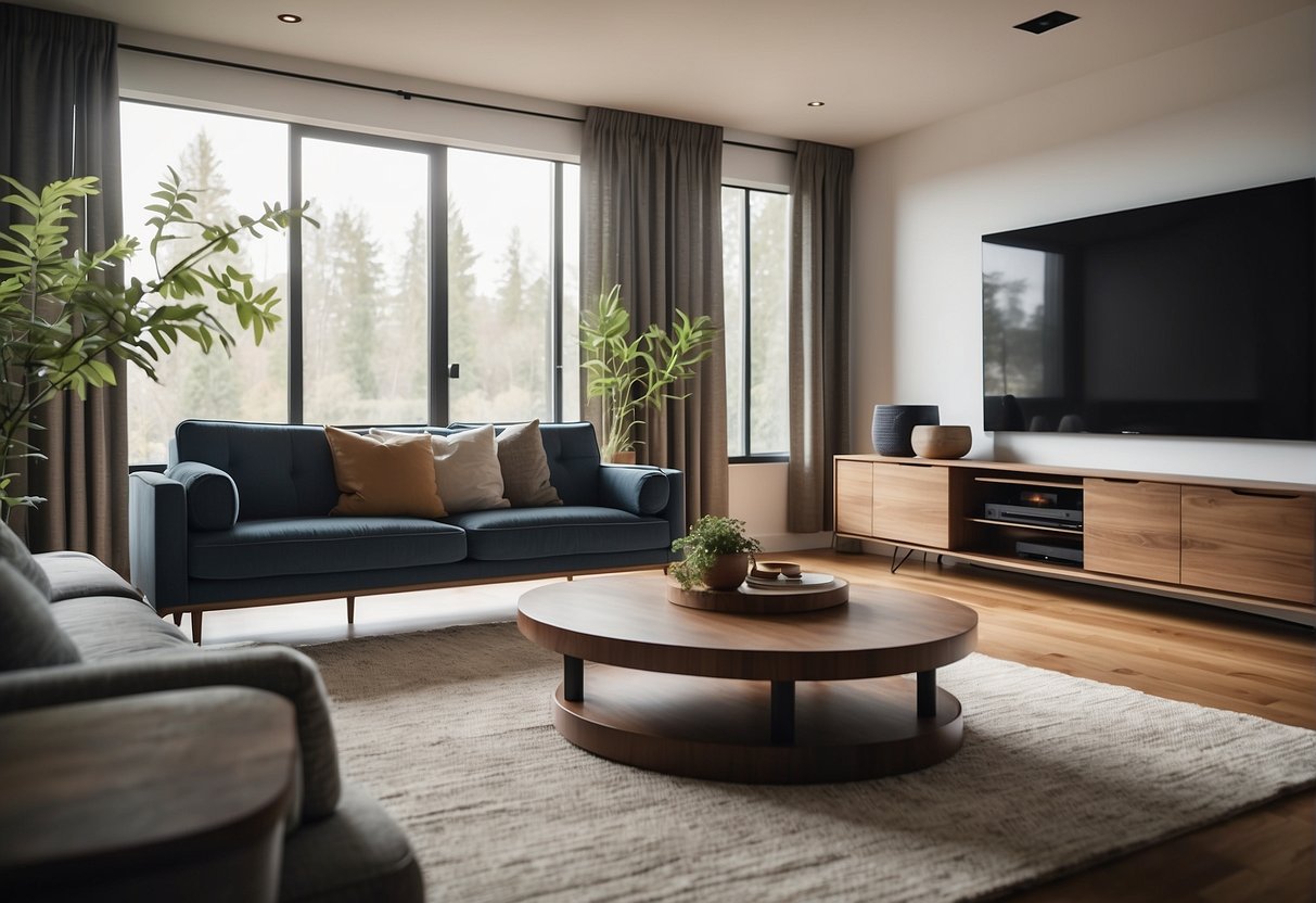 A modern living room with smart home gadgets seamlessly integrated into the environment, including voice-controlled speakers, automated lighting, and a smart thermostat