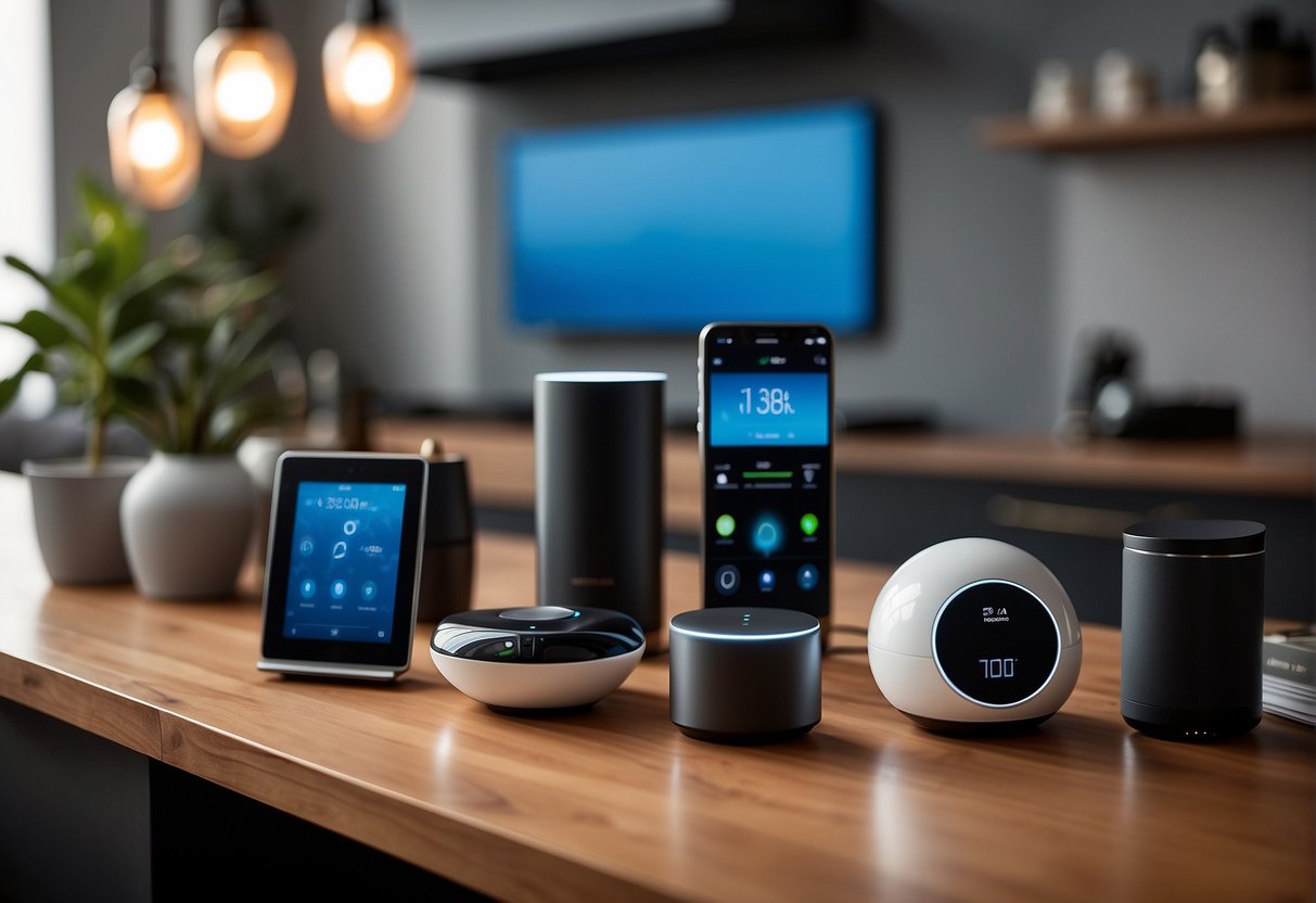 Smart home gadgets arranged neatly on a modern countertop, including voice-controlled speakers, smart light bulbs, and a sleek thermostat