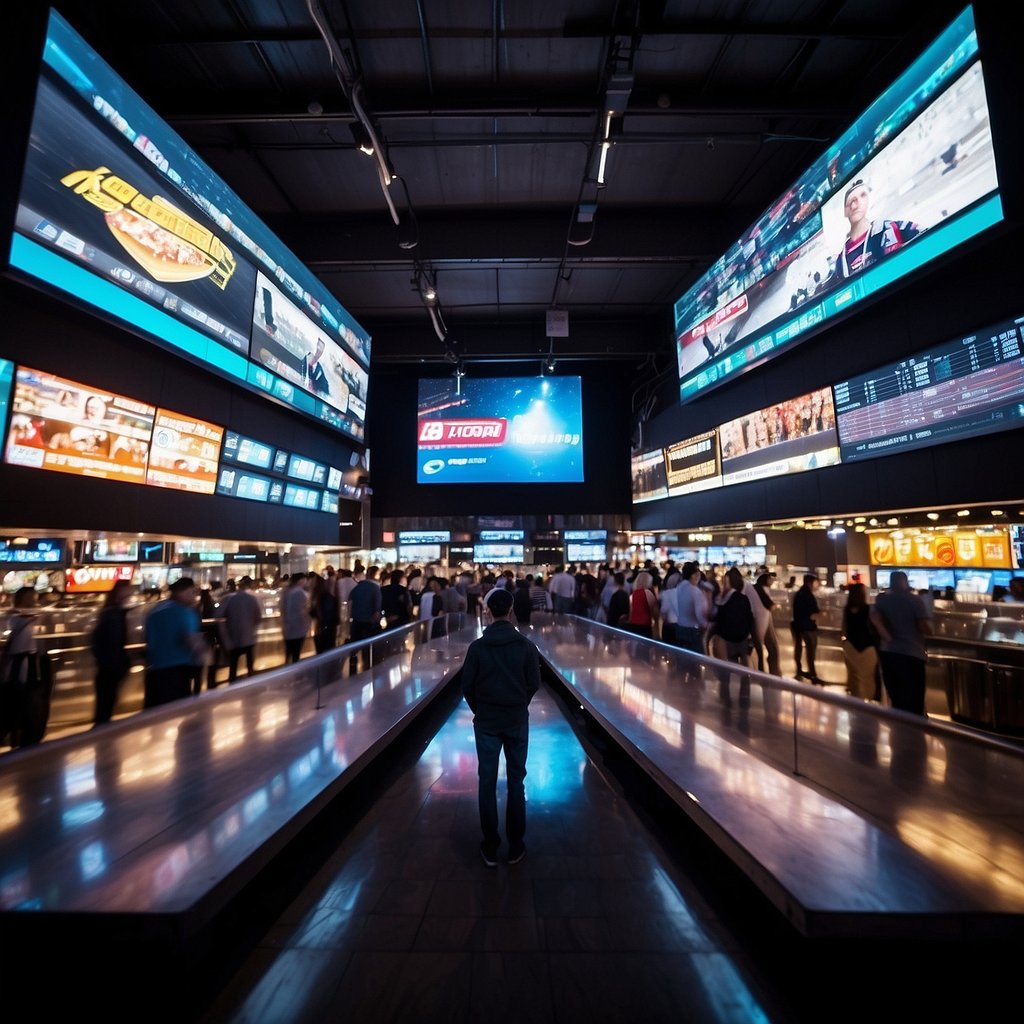 The bustling market with various sports logos and live scoreboards displayed on large screens. A crowd of people checking their phones for real-time updates on games. Bright colors and energetic atmosphere