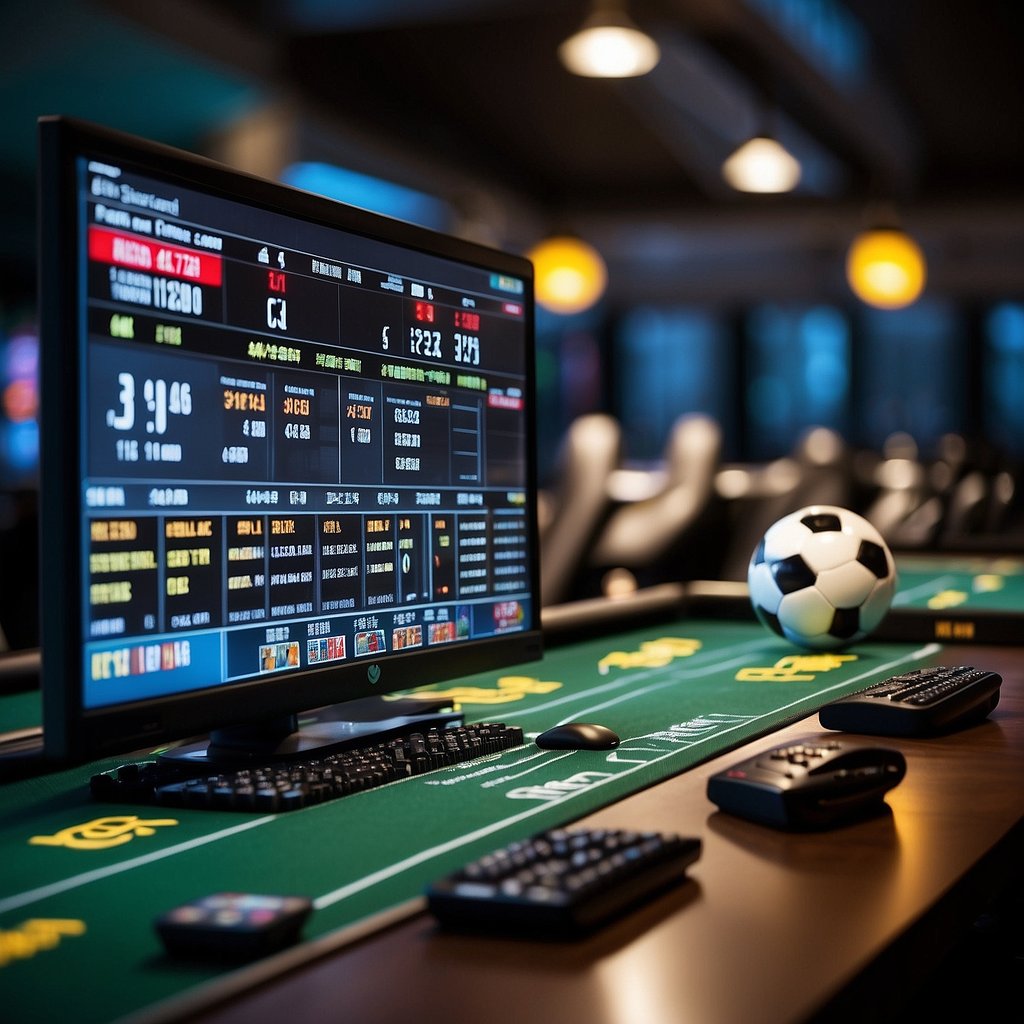The scene is a computer screen displaying flashscore.com with live sports scores, statistics, and betting odds. The site is used by sports enthusiasts to track games and place bets