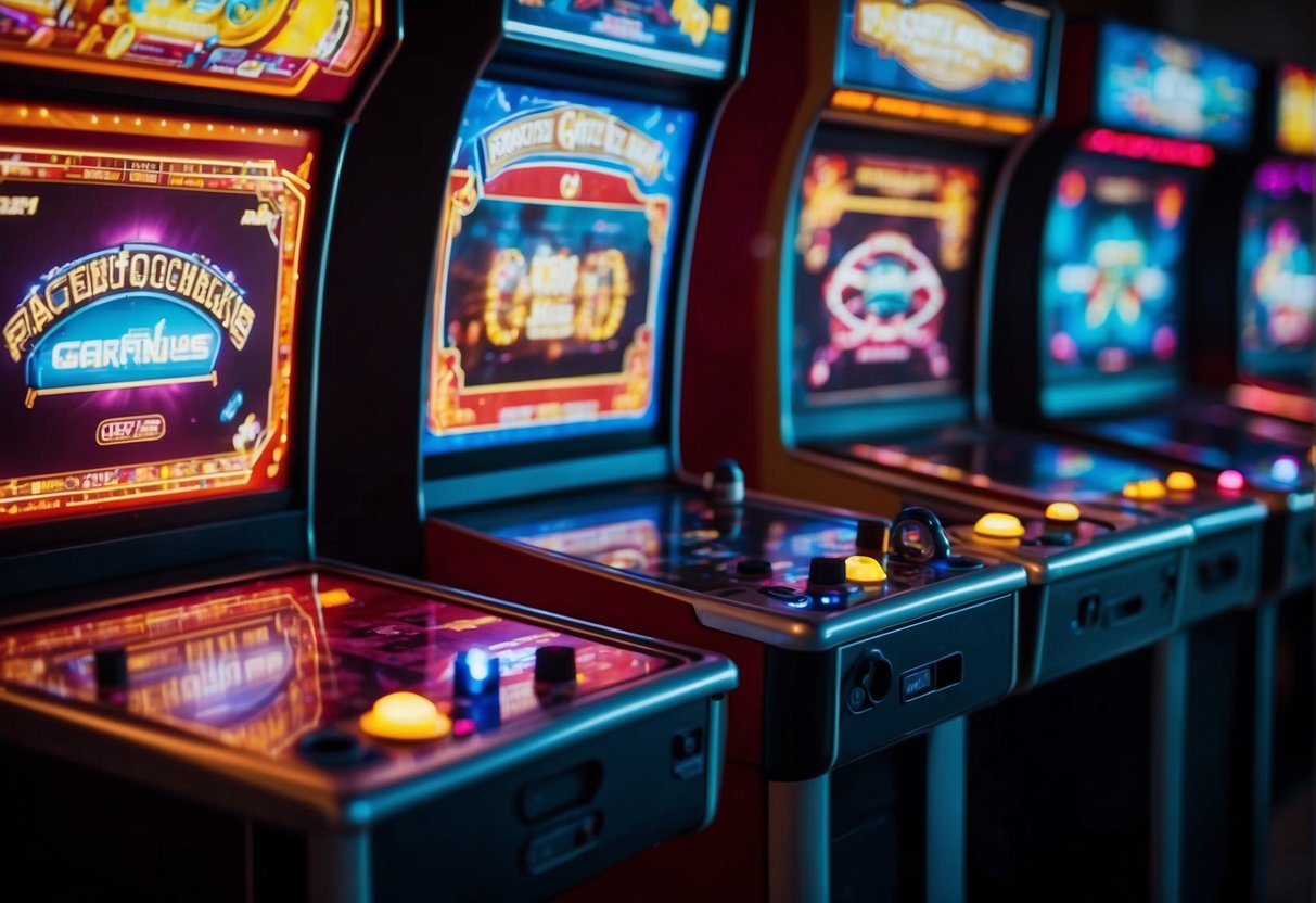 A - Arcade machines flashing lights. B - Board games scattered on a table. C - Computer screens with colorful graphics